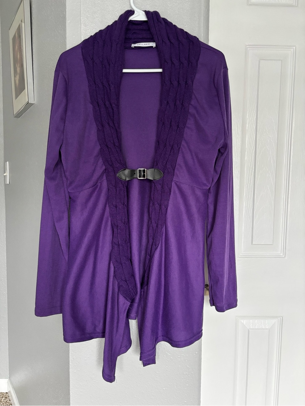 Cellabie Women’s Cable-Trim Open Front Cardigan in Purple Size XL